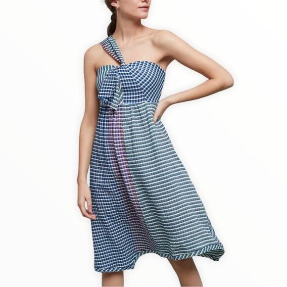 Anthropologie Maeve Waverly Dress One-Shoulder Checkered gingham midi asymmetric - Picture 16 of 16